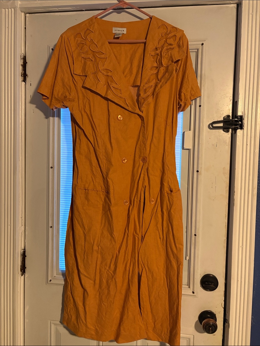 Avenue Mustard Short-Sleeve Button Front Dress with Embroidered Collar